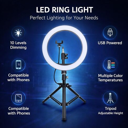 حلقة إضاءة LED USB مقاس 10 بوصات مع سطوع قابل للتعديل و3 أوضاع ألوان، حامل ثلاثي القوائم قابل للطي ومشبك هاتف - إضاءة طبيعية متوازنة للتصوير الفوتوغرافي والبث المباشر والمكياج in Kuwait