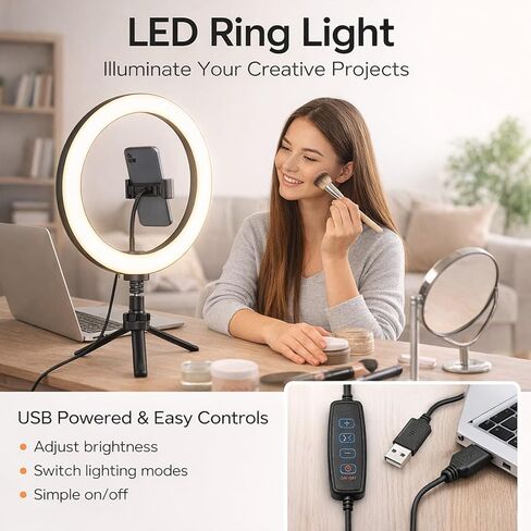 حلقة إضاءة LED USB مقاس 10 بوصات مع سطوع قابل للتعديل و3 أوضاع ألوان، حامل ثلاثي القوائم قابل للطي ومشبك هاتف - إضاءة طبيعية متوازنة للتصوير الفوتوغرافي والبث المباشر والمكياج in Kuwait