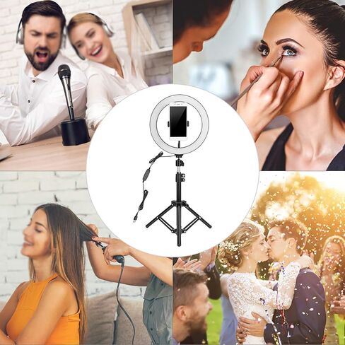 حلقة إضاءة LED USB مقاس 10 بوصات مع سطوع قابل للتعديل و3 أوضاع ألوان، حامل ثلاثي القوائم قابل للطي ومشبك هاتف - إضاءة طبيعية متوازنة للتصوير الفوتوغرافي والبث المباشر والمكياج in Kuwait