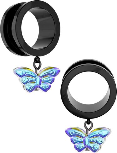 COCHARM 2PCS Black Dangle Ear Gauges for Women Screw On Plug Earrings Surgical Steel Butterfly Ear Tunnels Plugs Gauges Earrings 8g 6g 4g 2g 0g 00g 7/16 inch Tunnels in Saudi Arabia
