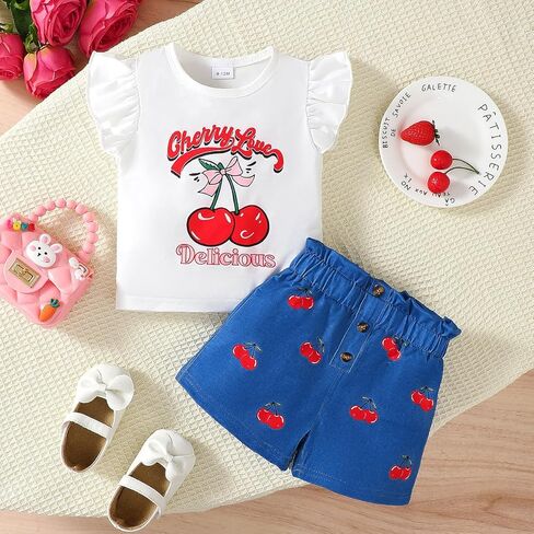 ملابس صيفية مكونة من قطعتين للفتيات الصغيرات - بلوزة مكشكشة من Cherry Love للأطفال الصغار + طقم شورت من الدنيم بطبعة الكرز للأعمار من 6M إلى 3Y in Kuwait
