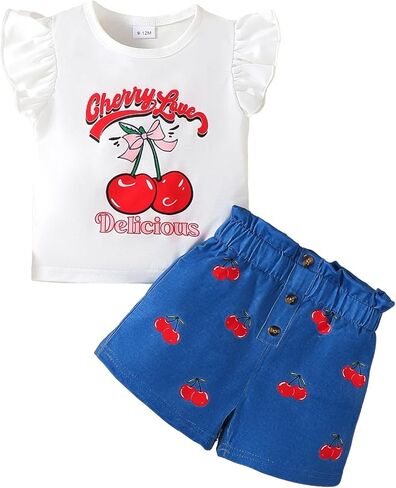 ملابس صيفية مكونة من قطعتين للفتيات الصغيرات - بلوزة مكشكشة من Cherry Love للأطفال الصغار + طقم شورت من الدنيم بطبعة الكرز للأعمار من 6M إلى 3Y in Kuwait