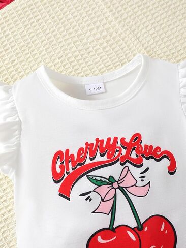 ملابس صيفية مكونة من قطعتين للفتيات الصغيرات - بلوزة مكشكشة من Cherry Love للأطفال الصغار + طقم شورت من الدنيم بطبعة الكرز للأعمار من 6M إلى 3Y in Kuwait