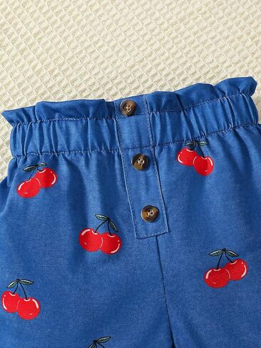 ملابس صيفية مكونة من قطعتين للفتيات الصغيرات - بلوزة مكشكشة من Cherry Love للأطفال الصغار + طقم شورت من الدنيم بطبعة الكرز للأعمار من 6M إلى 3Y in Kuwait