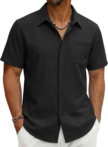 Cotrasen Men's Linen Shirts Short Sleeve Button Down Shirts Casual Vacation Beach Hawaiian Summer Tops with Pocket in Saudi Arabia