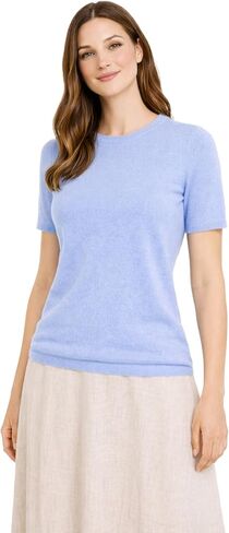 سترة علوية بأكمام قصيرة من الكشمير من State Cashmere 100% من الكشمير النقي الكلاسيكي برقبة جوهرة تي شيرت للنساء in Kuwait
