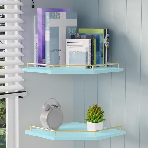 Tirzah White Wall Mount Corner Shelf مع الدرابزين المعدني الذهبي ، و 2 من مستويين 9.5 بوصة على شكل ماس على شكل ماس أرفف عائم لمنظم مطبخ ديكور المنزل in Saudi Arabia