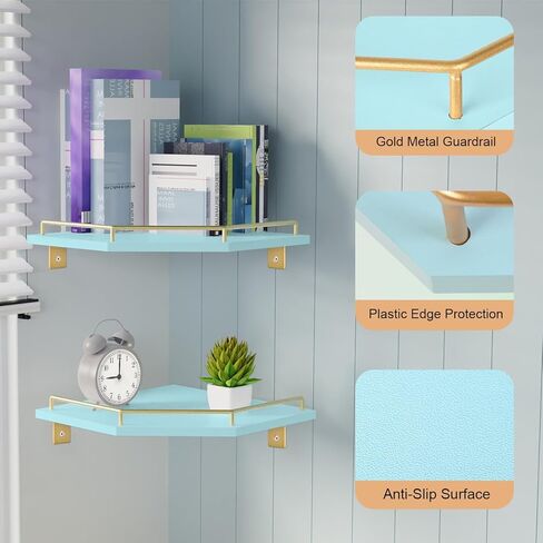 Tirzah White Wall Mount Corner Shelf مع الدرابزين المعدني الذهبي ، و 2 من مستويين 9.5 بوصة على شكل ماس على شكل ماس أرفف عائم لمنظم مطبخ ديكور المنزل in Saudi Arabia