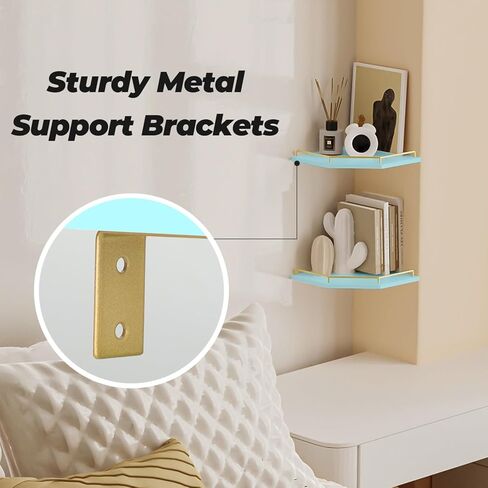 Tirzah White Wall Mount Corner Shelf مع الدرابزين المعدني الذهبي ، و 2 من مستويين 9.5 بوصة على شكل ماس على شكل ماس أرفف عائم لمنظم مطبخ ديكور المنزل in Saudi Arabia