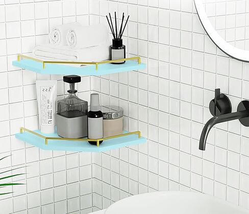Tirzah White Wall Mount Corner Shelf مع الدرابزين المعدني الذهبي ، و 2 من مستويين 9.5 بوصة على شكل ماس على شكل ماس أرفف عائم لمنظم مطبخ ديكور المنزل in Saudi Arabia