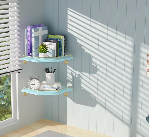 Tirzah White Wall Mount Corner Shelf مع الدرابزين المعدني الذهبي ، و 2 من مستويين 9.5 بوصة على شكل ماس على شكل ماس أرفف عائم لمنظم مطبخ ديكور المنزل in Saudi Arabia