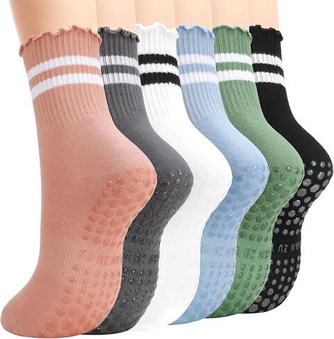 6 Pairs Pilates Socks With Grips for Women,Ruffled Striped Yoga Crew Socks for Barre Hospital Sticky Slipper in Saudi Arabia