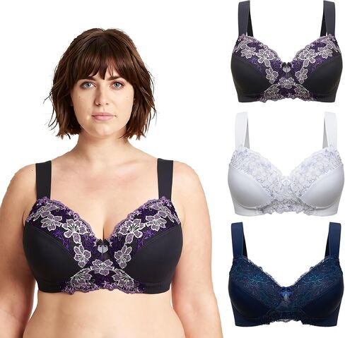 Curve Muse Plus Size Minimizer Bra غير المبطنة مع البراغيات اللاسلكية مع التطريز-3pack-blush ، sage ، عارية 38C in Kuwait