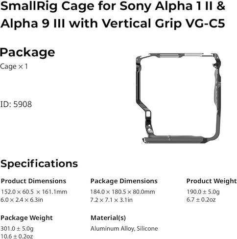 قفص كاميرا SmallRig A1 II / A9 III لهاتف Sony Alpha 1 II/Alpha 9 III مع مقبض عمودي VG-C5، قفل آمن ثلاثي النقاط، مع لوحة مدمجة لـ Arca وخيارات التركيب المتنوعة in Kuwait
