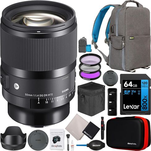 عدسة سيجما 50 مم F1.4 DG DN Art لكاميرات سوني E-Mount كاملة الإطار بدون مرآة 315965 حزمة مع حقيبة ظهر للتصوير الفوتوغرافي ديكو جير + مجموعة مرشح FLD وملحقات مستقطب الأشعة فوق البنفسجية in Kuwait