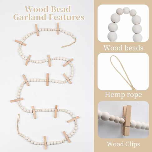 Hanging Photo Display, 67 Inch Boho Wooden Bead Garland Photo Banner with 15 Clips, Kids Artwork Display Picture Postcard Display, Photo Hanger for Bedroom Dorm Office Wall Decor Teen Gifts in Saudi Arabia