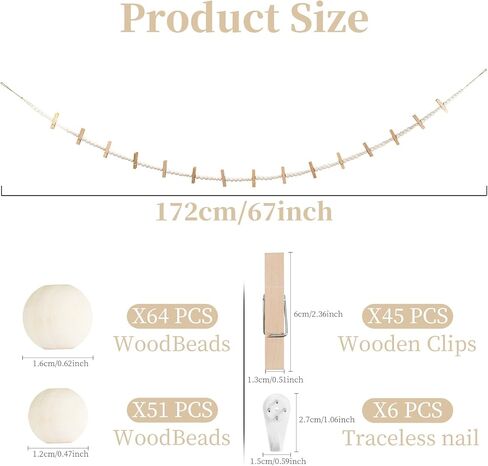 Hanging Photo Display, 67 Inch Boho Wooden Bead Garland Photo Banner with 15 Clips, Kids Artwork Display Picture Postcard Display, Photo Hanger for Bedroom Dorm Office Wall Decor Teen Gifts in Saudi Arabia