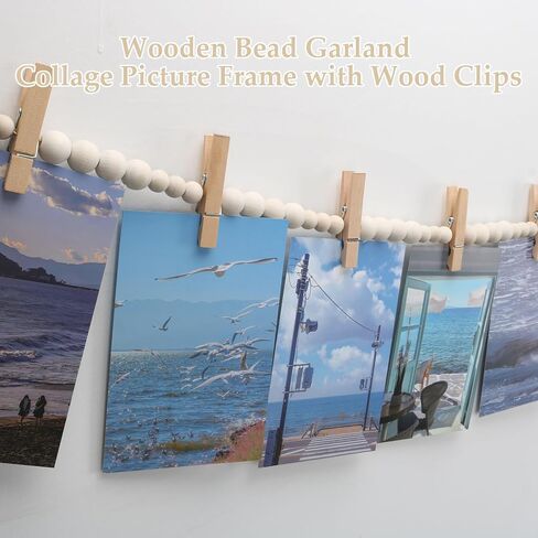Hanging Photo Display, 67 Inch Boho Wooden Bead Garland Photo Banner with 15 Clips, Kids Artwork Display Picture Postcard Display, Photo Hanger for Bedroom Dorm Office Wall Decor Teen Gifts in Saudi Arabia