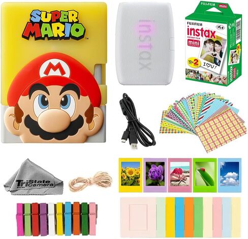 طابعة صور Fujifilm Instax Mini Link 3 اللاسلكية للهواتف الذكية (أبيض صلصال) مع حقيبة Super Mario، فيلم Instax Mini الفوري (20 ورقة)، إطارات ملصقات مزخرفة، إطار مكتب صغير ومشابك تعليق in Kuwait