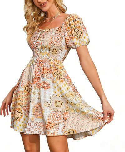 Byinns Women's Sweetheart Neckline Dress Smocked Sundress Puff Short Sleeve Drawstring Dresses in Saudi Arabia