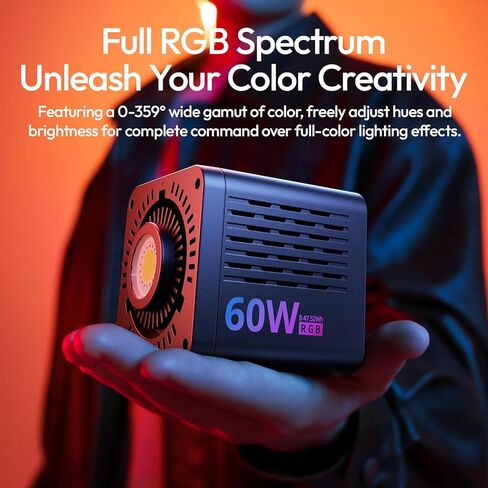 ULANZI C60 60W RGB COB Video Light، 537 جرامًا محمولًا مع بطارية 3300 مللي أمبير في الساعة، إضاءة إخراج مستمرة 2500K-6500K، حامل بوينز صغير لتصوير الفيديو in Kuwait