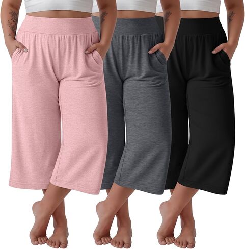 Neer 3 Pack Women's Plus Size Capri Pants, Wide Legs Elastic Waist Capris with Pockets Lounge Loose Sweatpants in Saudi Arabia