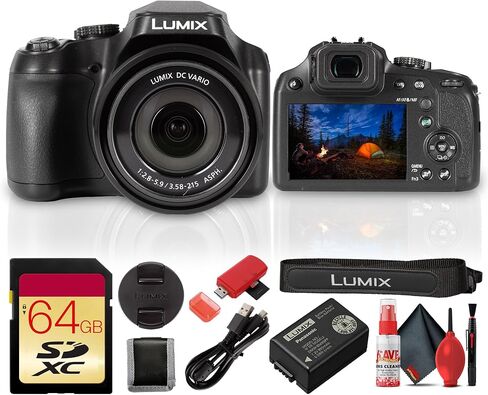 كاميرا باناسونيك لوميكس FZ85D / FZ80D الرقمية، مستشعر MOS بدقة 18.1 ميجابكسل، تكبير بصري 60x، 20-1200 مم، قوة فيديو 4K30 مكافئة O.I.S. حزمة تحتوي على بطاقة ذاكرة سعة 64 جيجابايت + مجموعة تنظيف والمزيد (5 عناصر) in Kuwait