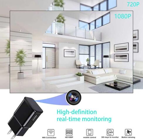 كاميرا أمان مخفية، تصميم شاحن USB، 1080 بكسل، رؤية ليلية، كشف الحركة، التحكم في التطبيقات، مراقبة داخلية، بدون تسجيل صوتي in Kuwait