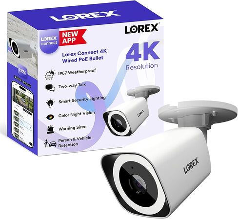 كاميرا Lorex Connect 4K السلكية PoE مع إضاءة أمنية ذكية | تطبيق جديد | الوظيفة الإضافية IP كاميرا رصاصة | رؤية ليلية ملونة | حديث ثنائي | كشف الأشخاص والمركبات | IP67 مانعة لتسرب الماء | أبيض in Kuwait