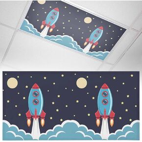 Cartoon Rocket Fluorescent Light Covers, 4x2 Feet Magnetic Light Filters for Classroom Office, 3 Pcs Chic Cute Funny Stars Moon Sky Clouds Shades Covers for Ceiling Lights Drop Home Decor in Saudi Arabia