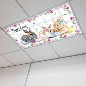 Easter Rabbits Fluorescent Light Covers for Ceiling Lights 4x2 feet,3 Pack Magnetic Light Filters for Classroom,Cute Bunny Faisy Leaf Eggs Spring Colorful Plaid Fluorescent Lamp Shade Panel for Office in Saudi Arabia
