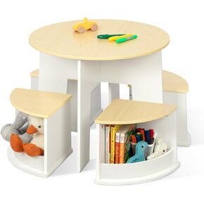 OOOK Toddler Table and Chair Set, Wooden Round Table with 4 Storage Stools, Kids Tables and Chairs for Arts, Crafts, Read and Play in Saudi Arabia