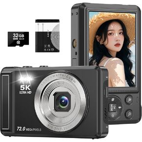 كاميرا رقمية بدقة 5K بدقة 72 ميجابكسل للتصوير الفوتوغرافي - كاميرا تسجيل فيديو UHD مع تكبير 16X، كاميرا صغيرة مدمجة للمراهقين والأولاد والبنات، تتضمن بطاقة SD سعة 32 جيجابايت in Kuwait