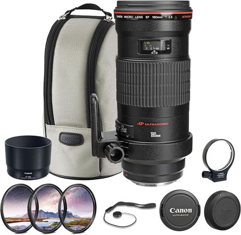 عدسة كانون EF 180 ملم f/3.5L ماكرو USM | ماكرو تليفوتوغرافي احترافي من السلسلة L مع تكبير 1:1 وبصريات متقدمة والتركيز البؤري التلقائي USM من النوع الدائري | للصور القريبة والصور الطبيعية (2539A007) + مجموعة الفلاتر + المزيد in Kuwait