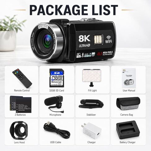 كاميرا فيديو 8K، كاميرا تسجيل فيديو بدقة 48 ميجابكسل UHD لمستخدمي اليوتيوب، مع رؤية ليلية بالأشعة تحت الحمراء، واي فاي، شاشة تعمل باللمس 3 بوصات، تكبير رقمي 18X، ضوء ملء، ميكروفون، مثبت، جهاز تحكم عن بعد، بطاريتان in Kuwait
