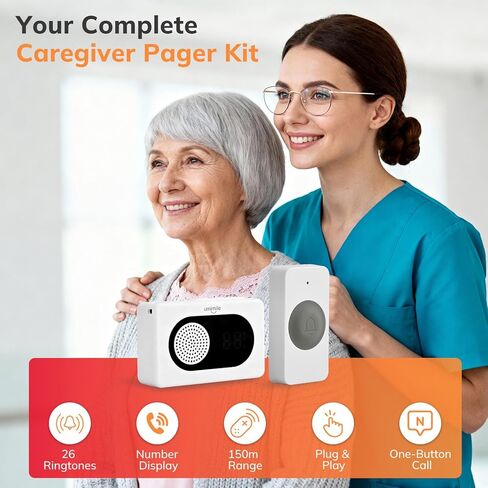 نظام اتصال لاسلكي من Umimile Caregiver Pager للمنزل، تنبيه الممرضة مع شاشة LED وصوت، 6 أزرار، نطاق 150 متر/500 قدم، 26 نغمة رنين، للمرضى المسنين، ورعاية كبار السن، والعيادة ودار التمريض، أبيض in Kuwait