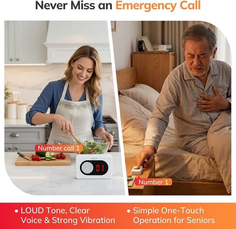 نظام اتصال لاسلكي من Umimile Caregiver Pager للمنزل، تنبيه الممرضة مع شاشة LED وصوت، 6 أزرار، نطاق 150 متر/500 قدم، 26 نغمة رنين، للمرضى المسنين، ورعاية كبار السن، والعيادة ودار التمريض، أبيض in Kuwait