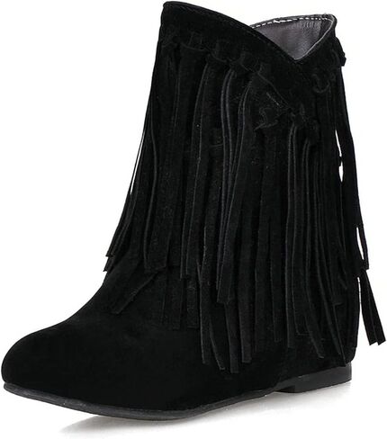 KiutSymo Womens Ankle Fringe Boots Hidden Wedge Heel Booties | Round Toe Wide Calf Tassel Boots, Casual Tassel Ankle Boots Booties, Fringe Booties Short Boots, Ankle Boots for Winter Fall in Saudi Arabia