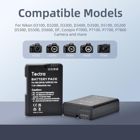 Tectra 2-Pack EN-EL14 EN-EL14a Battery with Battery Storage Case for Nikon D3500, D3400, D3300, D3200, D3100, D5100, D5200, D5300, D5500, D5600, DF, Coolpix P7000, P7100, P7700, P7800 DSLR Cameras in Kuwait