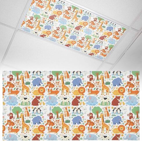 Zoo Animals Fluorescent Light Covers, 4x2 Feet Magnetic Light Filters for Classroom Office, 2 Pcs Cute Funny Elephant Tiger Cartoon Shades Covers for Ceiling Lights Drop Home Decor in Saudi Arabia