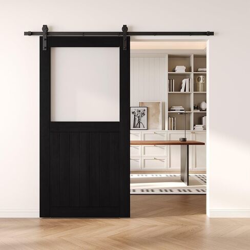 Black 40" x 80" Half Lite Frosted Glass Panel, Solid Wood Sliding Barn Door, Assembly Required, Door Only, Interior Use in Saudi Arabia