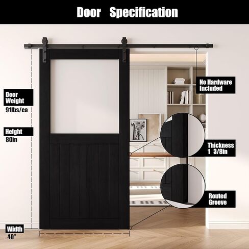 Black 40" x 80" Half Lite Frosted Glass Panel, Solid Wood Sliding Barn Door, Assembly Required, Door Only, Interior Use in Saudi Arabia