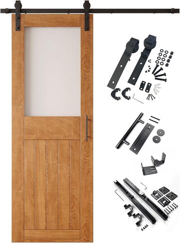 Early American 50x84 Half Lite Frosted Glass Design Finished Unassembled Solid Wood Sliding Barn Door Only with 9ft Long Single Door Non-Bypass Hardware Kit (Interior Use Only) in Saudi Arabia