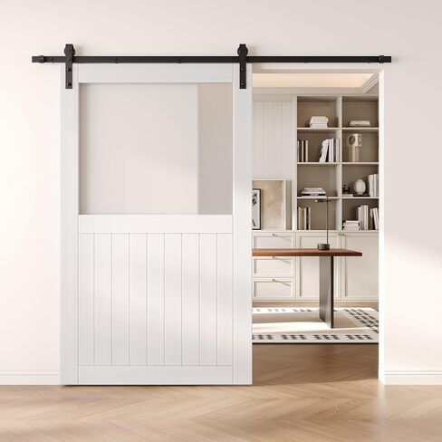White 42" x 80" Half Lite Frosted Glass Panel, Solid Wood Sliding Barn Door, Assembly Required, Door Only, Interior Use in Saudi Arabia
