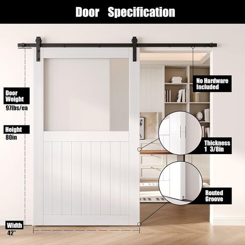 White 42" x 80" Half Lite Frosted Glass Panel, Solid Wood Sliding Barn Door, Assembly Required, Door Only, Interior Use in Saudi Arabia