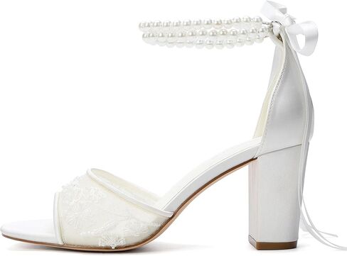 Women's White Bridal Sandals with Pearl Ankle Strap, Lace Detail, Block Heel, Open Toe Wedding Shoes，3.15 Inches in Saudi Arabia