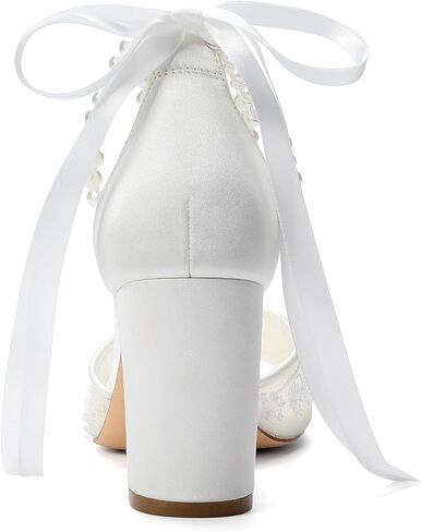 Women's White Bridal Sandals with Pearl Ankle Strap, Lace Detail, Block Heel, Open Toe Wedding Shoes，3.15 Inches in Saudi Arabia