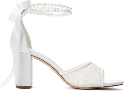 Women's White Bridal Sandals with Pearl Ankle Strap, Lace Detail, Block Heel, Open Toe Wedding Shoes，3.15 Inches in Saudi Arabia