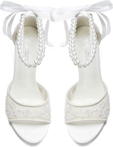 Women's White Bridal Sandals with Pearl Ankle Strap, Lace Detail, Block Heel, Open Toe Wedding Shoes，3.15 Inches in Saudi Arabia