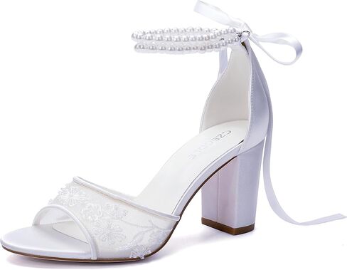 Women's White Bridal Sandals with Pearl Ankle Strap, Lace Detail, Block Heel, Open Toe Wedding Shoes，3.15 Inches in Saudi Arabia